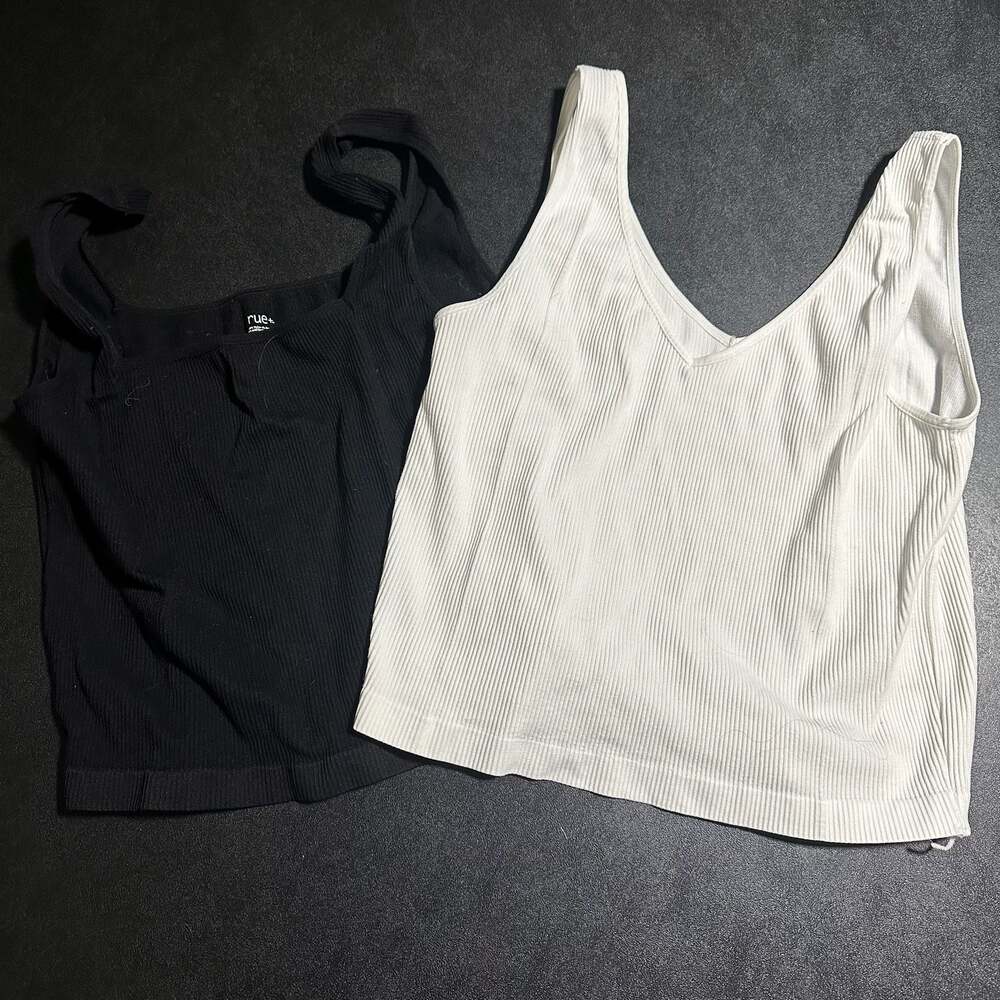 rue+ Women's Ribbed Seamless Tank Top Set (1 Black Square Neck, 1 White V-Neck)
